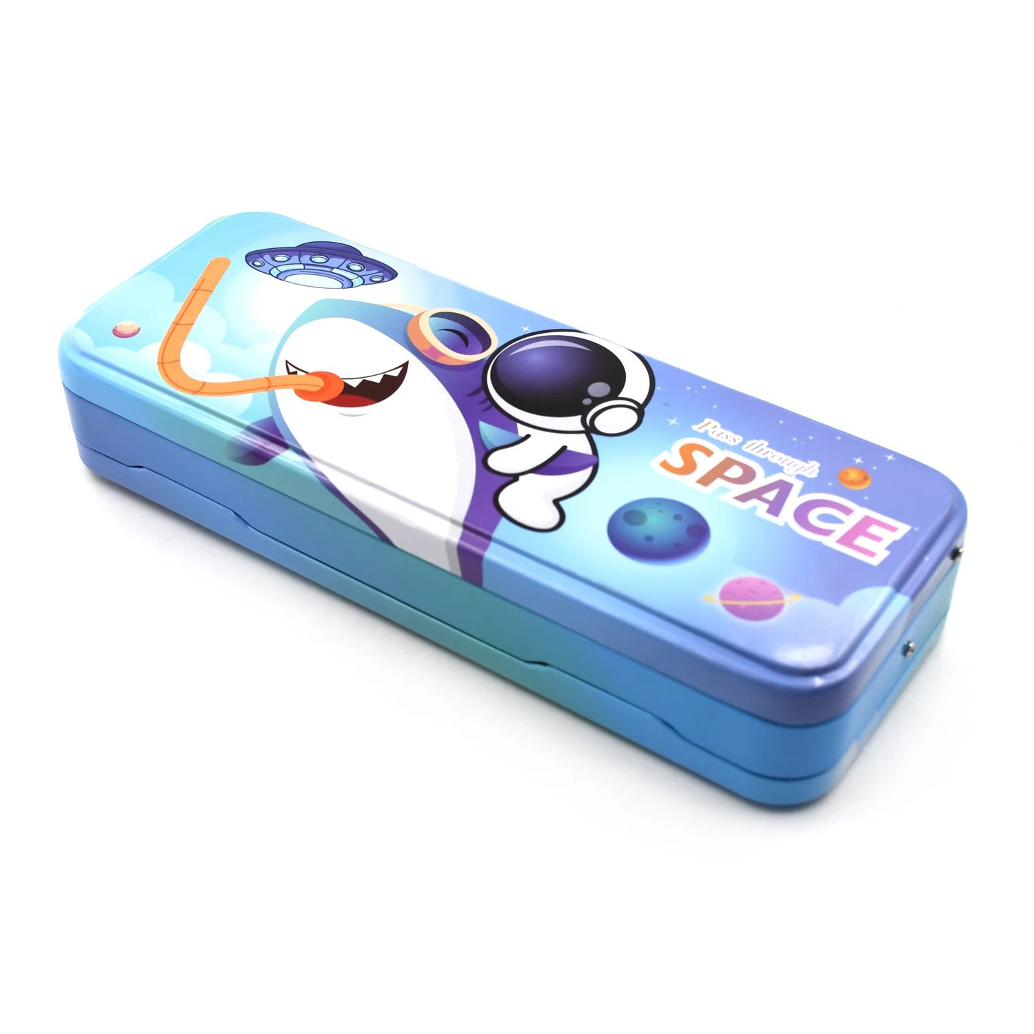Kids Metal Pencil Box with Space & Shark Design – Durable & Multi-Compartment Stationery Case for School
